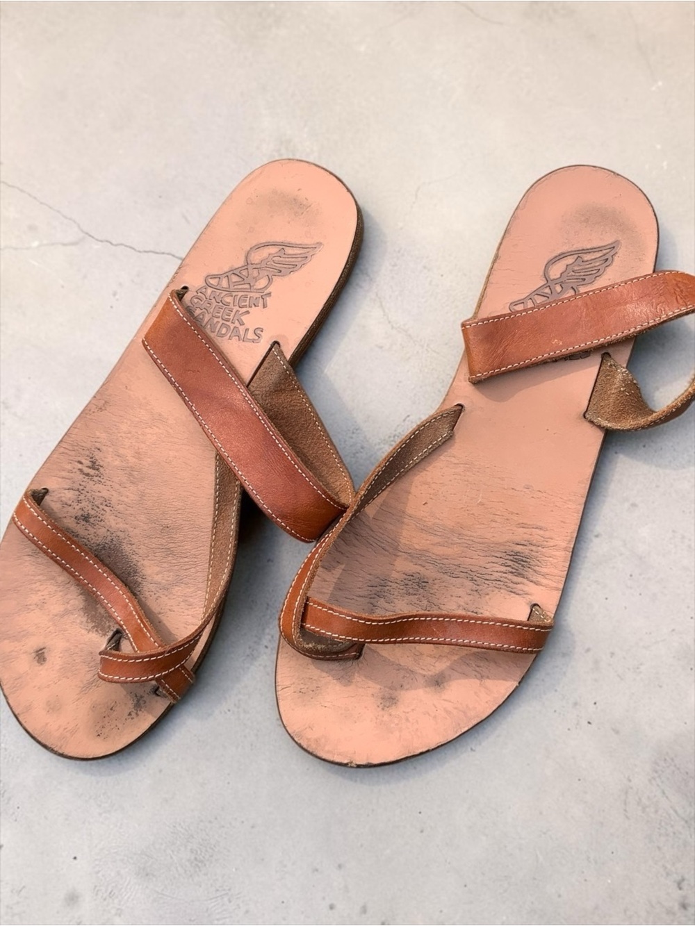 Ancient Greek Sandals Tan Leather Toe-Loop Slides Size 40